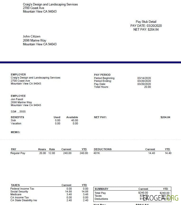 Bulletin de paie des services de conception et d'aménagement paysager de CRAIG aux formats Word et PDF